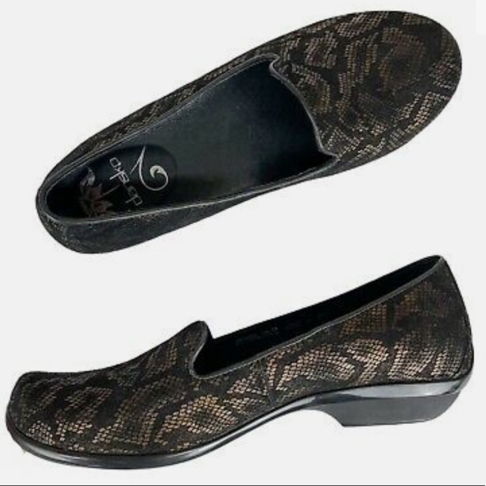 Dansko Olivia Black Gold Reptile Leather Loafers